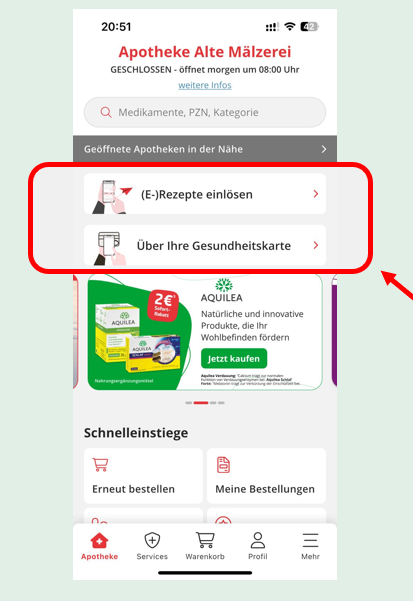 Screenshot der iA.de App mit Markierung der E-Rezept-Option