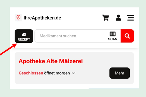 WebScreenshot der mobilen iA.de-Webseite mit Markierung des E-Rezept-Upload-Buttons